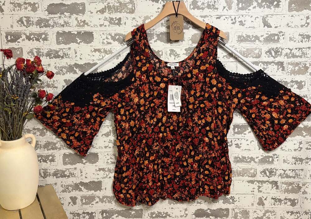 PLUS SIZE Black Orange Floral Cold Shoulder Crochet Lace Bell Sleeve Blouse